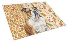 Load image into Gallery viewer, Brindle and White English Bulldog Heirloom Fall Glass Cutting Board