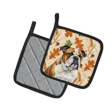 Load image into Gallery viewer, Brindle and White English Bulldog Heirloom Fall Pair of Pot Holders