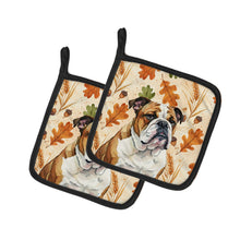 Load image into Gallery viewer, Brindle and White English Bulldog Heirloom Fall Pair of Pot Holders