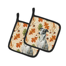 Load image into Gallery viewer, Black and White Greyhound Heirloom Fall Pair of Pot Holders