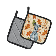 Load image into Gallery viewer, Blue Brindle Greyhound Heirloom Fall Pair of Pot Holders
