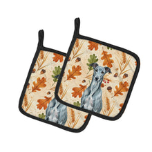 Load image into Gallery viewer, Blue Brindle Greyhound Heirloom Fall Pair of Pot Holders