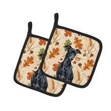 Load image into Gallery viewer, Black Italian Greyhound Heirloom Fall Pair of Pot Holders