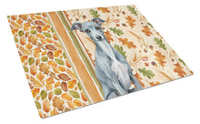 Load image into Gallery viewer, Blue Italian Greyhound Heirloom Fall Glass Cutting Board