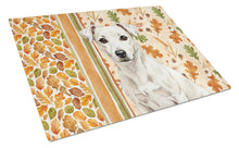 Load image into Gallery viewer, White Jack Russell Terrier Heirloom Fall Glass Cutting Board