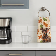 Load image into Gallery viewer, Chocolate and Rust Miniature Pinscher Min Pin Heirloom Fall Kitchen Towel