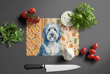 Load image into Gallery viewer, Blue and White Old English Sheepdog Heirloom Fall Glass Cutting Board