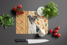 Load image into Gallery viewer, Black and White Rat Terrier Heirloom Fall Glass Cutting Board