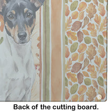 Load image into Gallery viewer, Black and White Rat Terrier Heirloom Fall Glass Cutting Board
