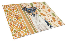 Load image into Gallery viewer, Tricolor Rat Terrier Heirloom Fall Glass Cutting Board