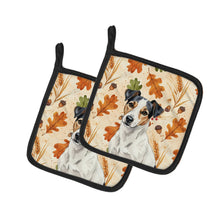 Load image into Gallery viewer, White with Black Markings Russell Terrier Heirloom Fall Pair of Pot Holders