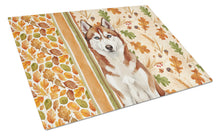 Load image into Gallery viewer, Red and White Siberian Husky Heirloom Fall Glass Cutting Board