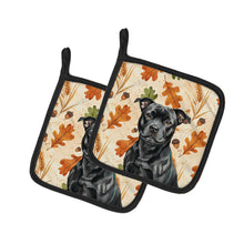 Load image into Gallery viewer, Black Staffordshire Bull Terrier Heirloom Fall Pair of Pot Holders