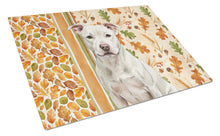 Load image into Gallery viewer, White Staffordshire Bull Terrier Heirloom Fall Glass Cutting Board