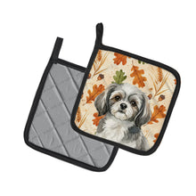 Load image into Gallery viewer, Grey and White Tibetan Spaniel Heirloom Fall Pair of Pot Holders