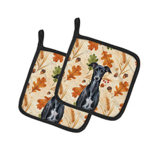 Load image into Gallery viewer, Black Whippet Heirloom Fall Pair of Pot Holders
