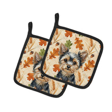 Load image into Gallery viewer, Black and Tan Yorkshire Terrier Heirloom Fall Pair of Pot Holders