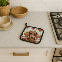 Load image into Gallery viewer, Chocolate and Tan Dachshund Vegetables Pair of Pot Holders