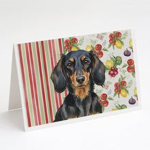 Load image into Gallery viewer, Longhaired Black and Tan Dachshund Vegetables Greeting Cards Pack of 8