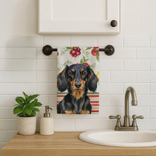 Load image into Gallery viewer, Longhaired Black and Tan Dachshund Vegetables Kitchen Towel
