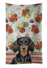 Load image into Gallery viewer, Longhaired Black and Tan Dachshund Vegetables Kitchen Towel