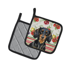 Load image into Gallery viewer, Longhaired Black and Tan Dachshund Vegetables Pair of Pot Holders
