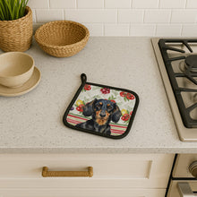 Load image into Gallery viewer, Longhaired Black and Tan Dachshund Vegetables Pair of Pot Holders