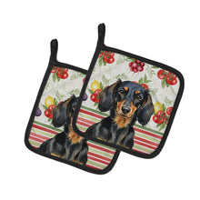 Load image into Gallery viewer, Longhaired Black and Tan Dachshund Vegetables Pair of Pot Holders