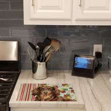 Load image into Gallery viewer, Longhaired Chocolate and Tan Dachshund Vegetables Glass Cutting Board