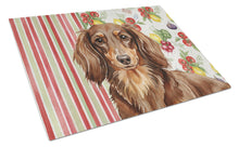 Load image into Gallery viewer, Longhaired Chocolate and Tan Dachshund Vegetables Glass Cutting Board