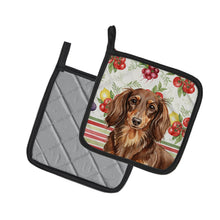 Load image into Gallery viewer, Longhaired Chocolate and Tan Dachshund Vegetables Pair of Pot Holders