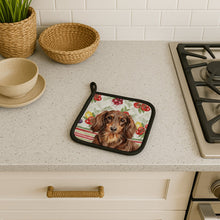 Load image into Gallery viewer, Longhaired Chocolate and Tan Dachshund Vegetables Pair of Pot Holders