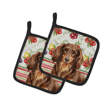 Load image into Gallery viewer, Longhaired Chocolate and Tan Dachshund Vegetables Pair of Pot Holders