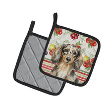 Load image into Gallery viewer, Longhaired Dapple Dachshund Vegetables Pair of Pot Holders
