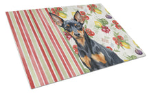 Load image into Gallery viewer, Black and Tan Miniature Pinscher Vegetables Glass Cutting Board