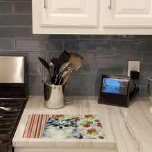 Load image into Gallery viewer, Blue Merle Pomeranian Vegetables Glass Cutting Board