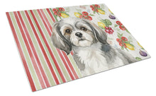 Load image into Gallery viewer, Grey and White Tibetan Spaniel Vegetables Glass Cutting Board