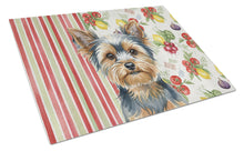 Load image into Gallery viewer, Blue and Tan Yorkshire Terrier Vegetables Glass Cutting Board