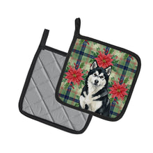 Load image into Gallery viewer, Black and White Alaskan Malamute Christmas PoinsettIas Pair of Pot Holders