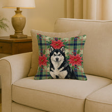 Load image into Gallery viewer, Black and White Alaskan Malamute Christmas PoinsettIas Throw Pillow