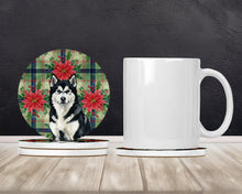 Load image into Gallery viewer, Black and White Alaskan Malamute Christmas PoinsettIas Large Sandstone Coasters Pack of 4