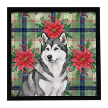 Load image into Gallery viewer, Gray and White Alaskan Malamute Christmas PoinsettIas Framed Metal Print