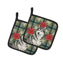 Load image into Gallery viewer, Gray and White Alaskan Malamute Christmas PoinsettIas Pair of Pot Holders