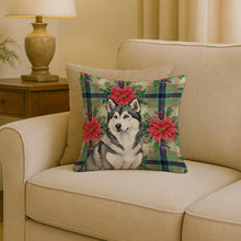 Load image into Gallery viewer, Gray and White Alaskan Malamute Christmas PoinsettIas Throw Pillow