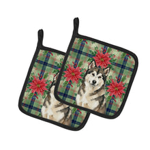Load image into Gallery viewer, Sable and White Alaskan Malamute Christmas Poinsettas Pair of Pot Holders