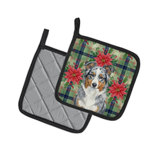 Load image into Gallery viewer, Blue Merle American Shepherd Christmas PoinsettIas Pair of Pot Holders