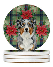 Load image into Gallery viewer, Blue Merle Australian Shepherd Christmas PoinsettIas Large Sandstone Coasters Pack of 4