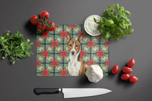 Load image into Gallery viewer, Brindle and White Basenji Christmas PoinsettIas Glass Cutting Board