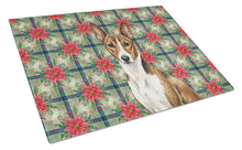 Load image into Gallery viewer, Brindle and White Basenji Christmas PoinsettIas Glass Cutting Board