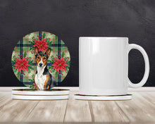 Load image into Gallery viewer, Tricolor and White Basenji Christmas PoinsettIas Large Sandstone Coasters Pack of 4